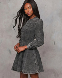 Autumn Casual Patchwork Tight Waist Women Denim Long Sleeve Dress