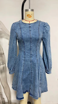 Autumn Casual Patchwork Tight Waist Women Denim Long Sleeve Dress