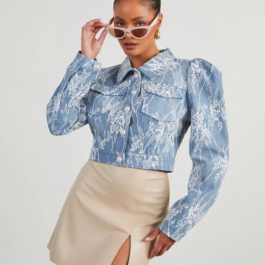 Casual Loose Floral Lace Denim Jacket for Women