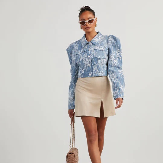Casual Loose Floral Lace Denim Jacket for Women