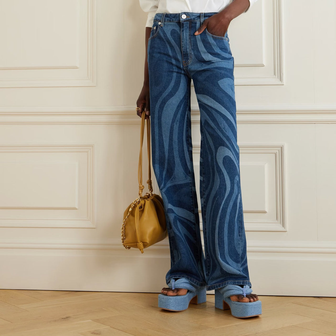 Casual Water Ripple Print Straight Leg Denim Trousers for Women