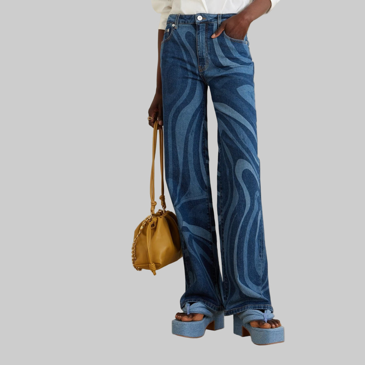 Blue Casual Water Ripple Print Straight Leg Denim Trousers for Women