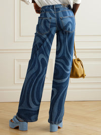 Casual Water Ripple Print Straight Leg Denim Trousers for Women