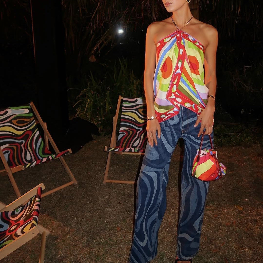Casual Water Ripple Print Straight Leg Denim Trousers for Women