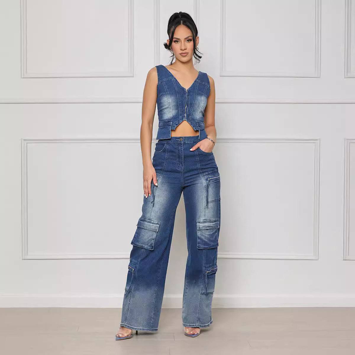 Casual Denim Wide Leg Retro Vest Suit for Women – Trendy & Comfortable Outfit - Modestly Vogue