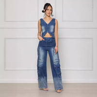 Casual Denim Wide Leg Retro Vest Suit for Women – Trendy & Comfortable Outfit - Modestly Vogue