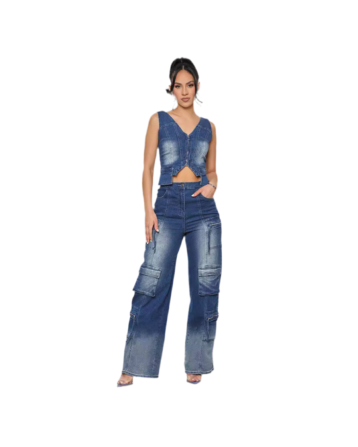 Blue Casual Denim Wide Leg Retro Vest Suit for Women – Trendy & Comfortable Outfit