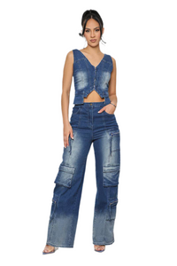 Blue Casual Denim Wide Leg Retro Vest Suit for Women – Trendy & Comfortable Outfit