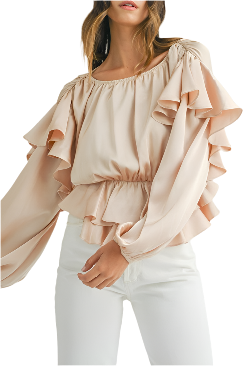 Oatmeal Lace-Up Keyhole Peplum Blouse – Ruffled & Feminine Top - Modestly Vogue 