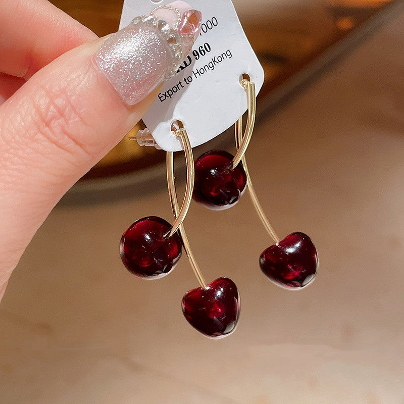 Silver Needle Vintage Cherry Resin Stud Earrings Niche Temperament Design Sense - Modestly Vogue 