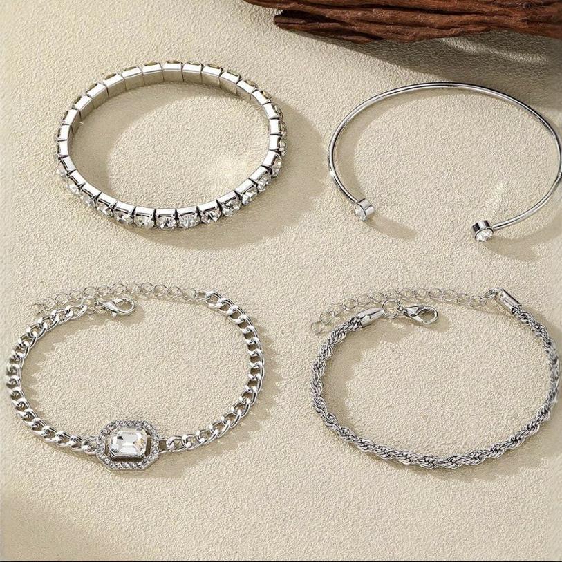 Artistic Retro Versatile Metal Chain Square Diamond 4-piece Set - Modestly Vogue 