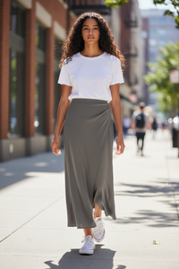 Women’s Satin Midi Skirt – Elegant Mid Length Silk Style - Modestly Vogue 