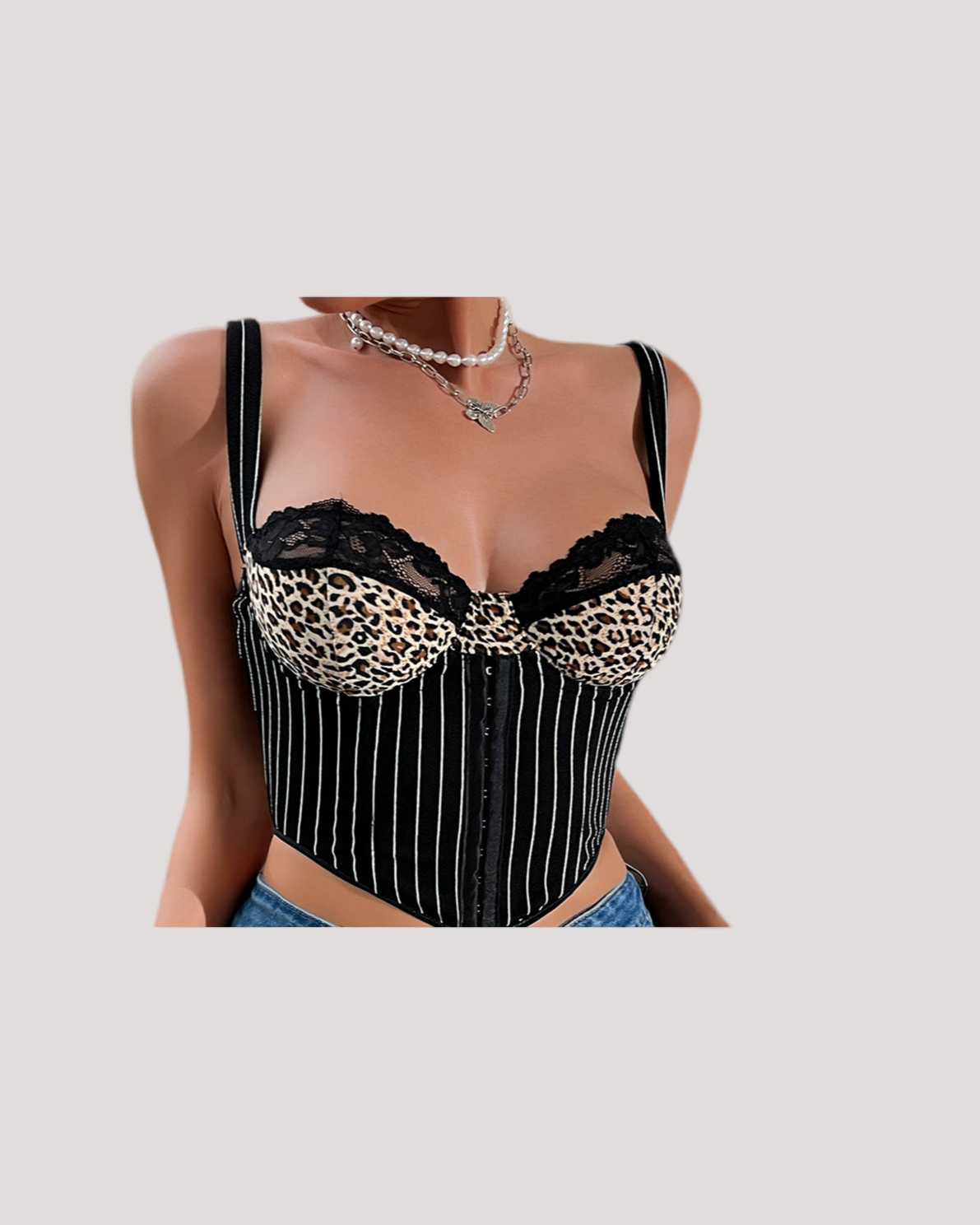 Black Leopard Lace Backless Suspender Vest with Steel Ring Details - Modestly Vogue 