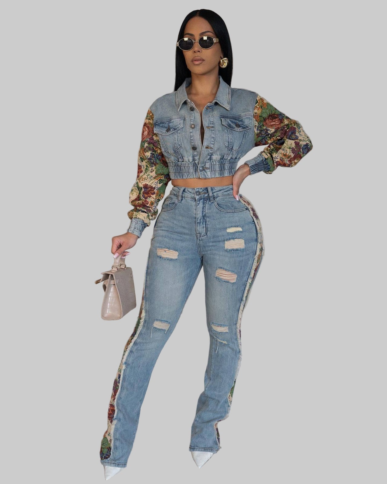 New Retro Jeans Women's Stitching Fashion Side Lace Suit - Modestly Vogue 