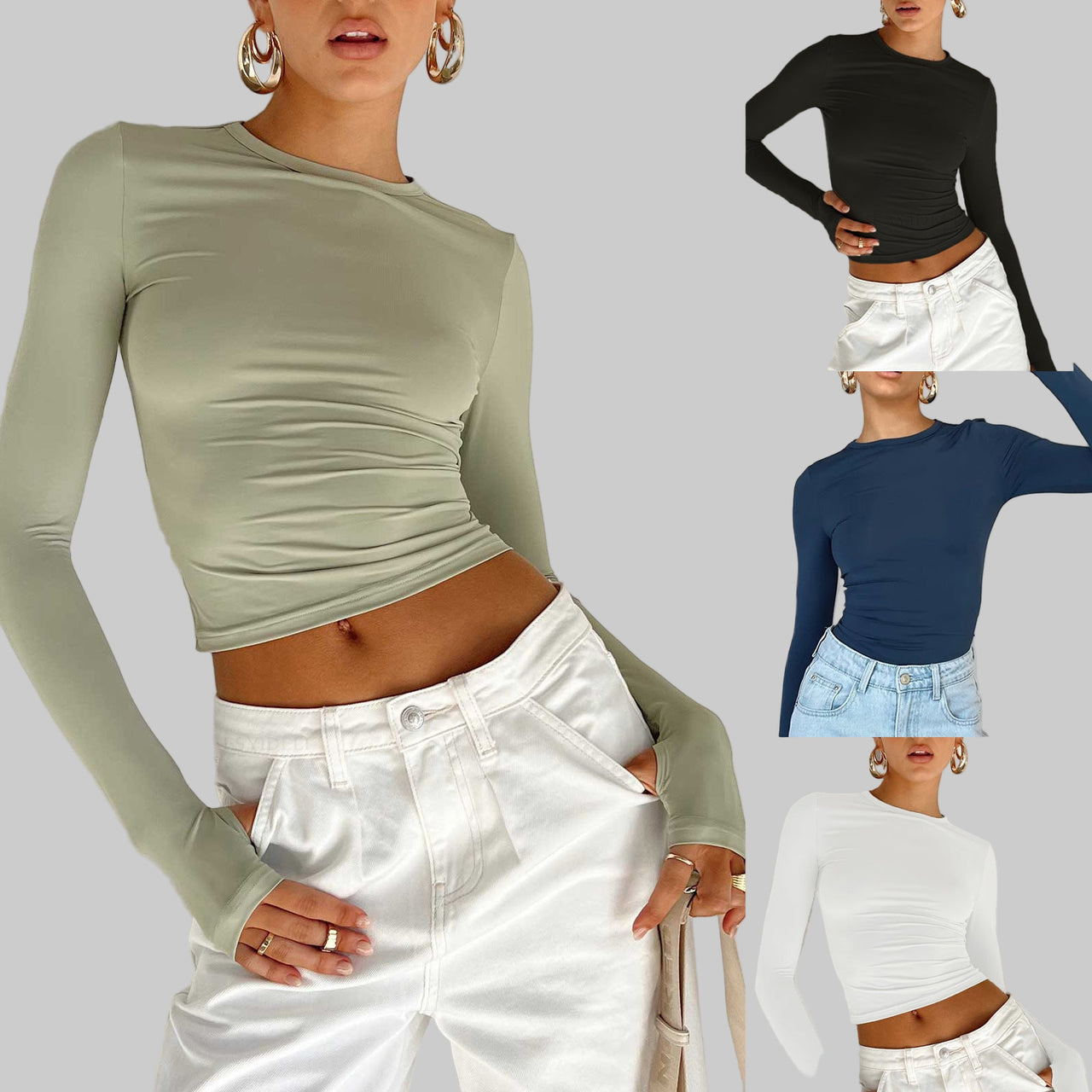 New Women's Solid Color Base Round Neck Long Sleeve Top Women