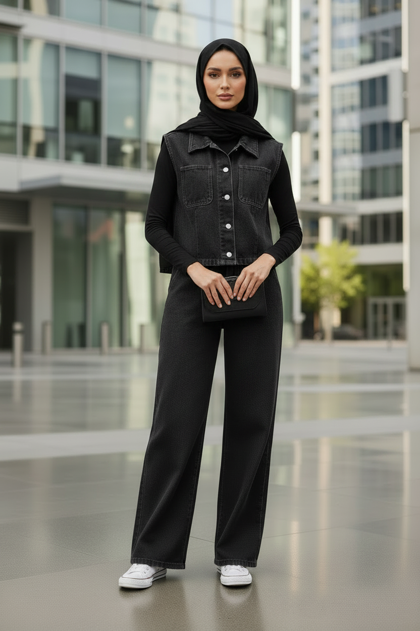 Button Up Vest and Jeans Denim Set - Modestly Vogue 