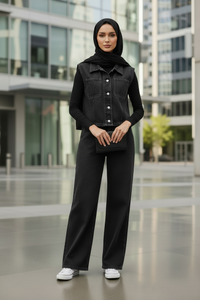 Button Up Vest and Jeans Denim Set - Modestly Vogue 