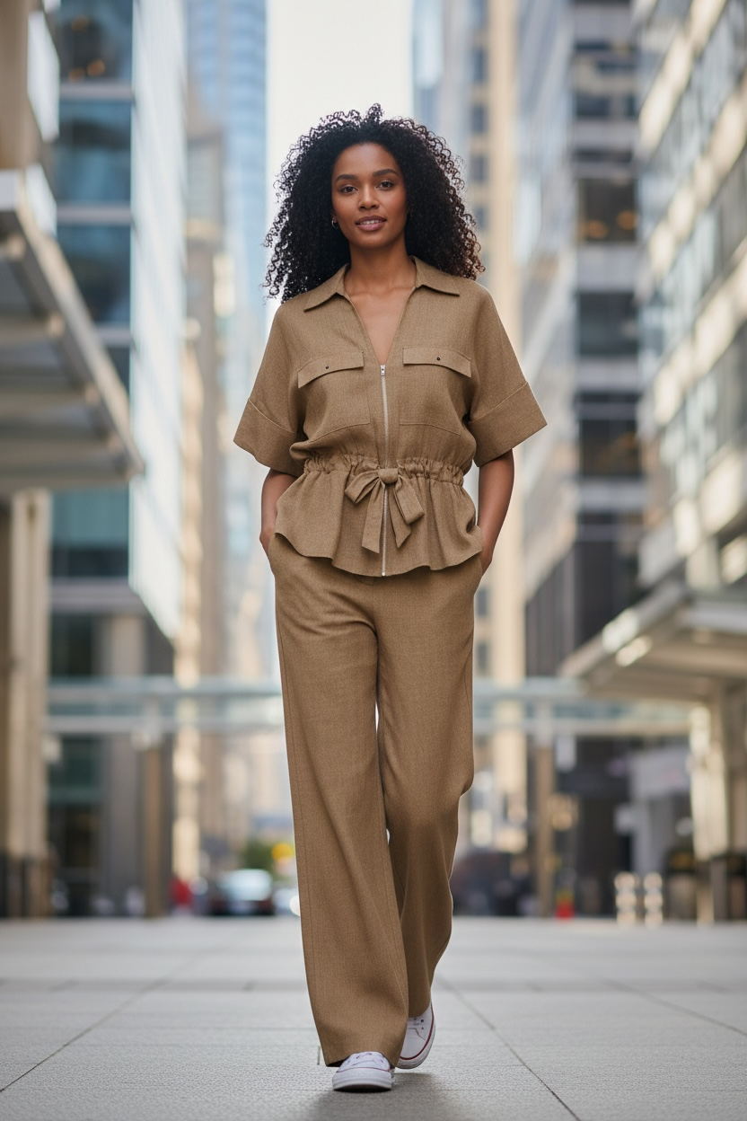 Women Hunting Long Sleeve Collared Shirt Elastic Waist Wide Leg Pants - Modestly Vogue 