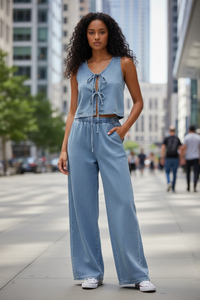 Women Spring Summer Sleeveless Lace up Vest Lace up Wide Leg Jeans Denim Set - Modestly Vogue 