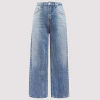 Women Clothing Autumn Magic Heavy Industry Metal Rivet White Pearl Straight Leg Denim