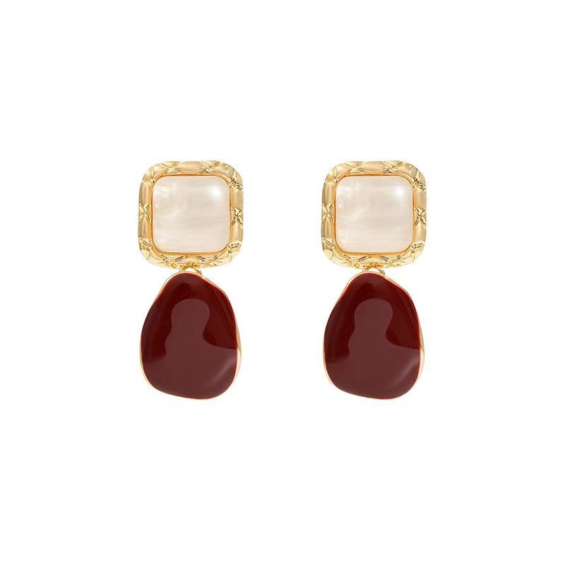 New Sterling Silver Needle French Style Temperament Irregular Wine Red Earrings - Modestly Vogue 