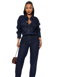 Women Fashion Denim Long Sleeves Jumpsuit