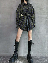 Autumn Winter Plaid Shirt Women Loose Korean Retro with Belt Mid Length Shirt Dress Top
