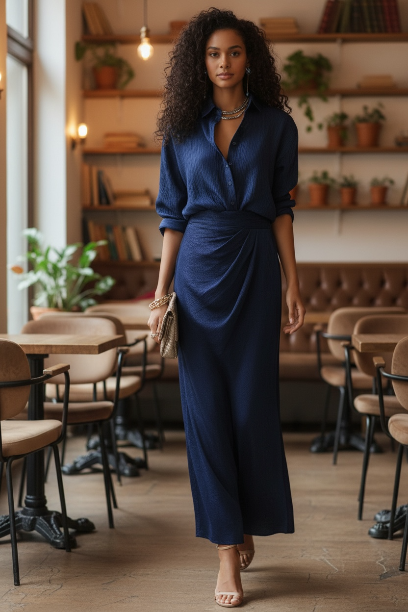 Two Piece Simple Elegant Office Drape Shirt High Waist Ruched Mid Length Skirt Two Piece Sets - Modestly Vogue 