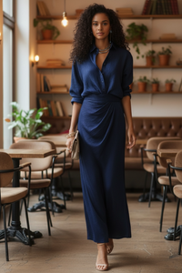 Two Piece Simple Elegant Office Drape Shirt High Waist Ruched Mid Length Skirt Two Piece Sets - Modestly Vogue 
