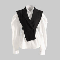 Black Elegant Outfit Slimming Puff Sleeve White Shirt Waist Trimming Lace up Two Piece Vest Set