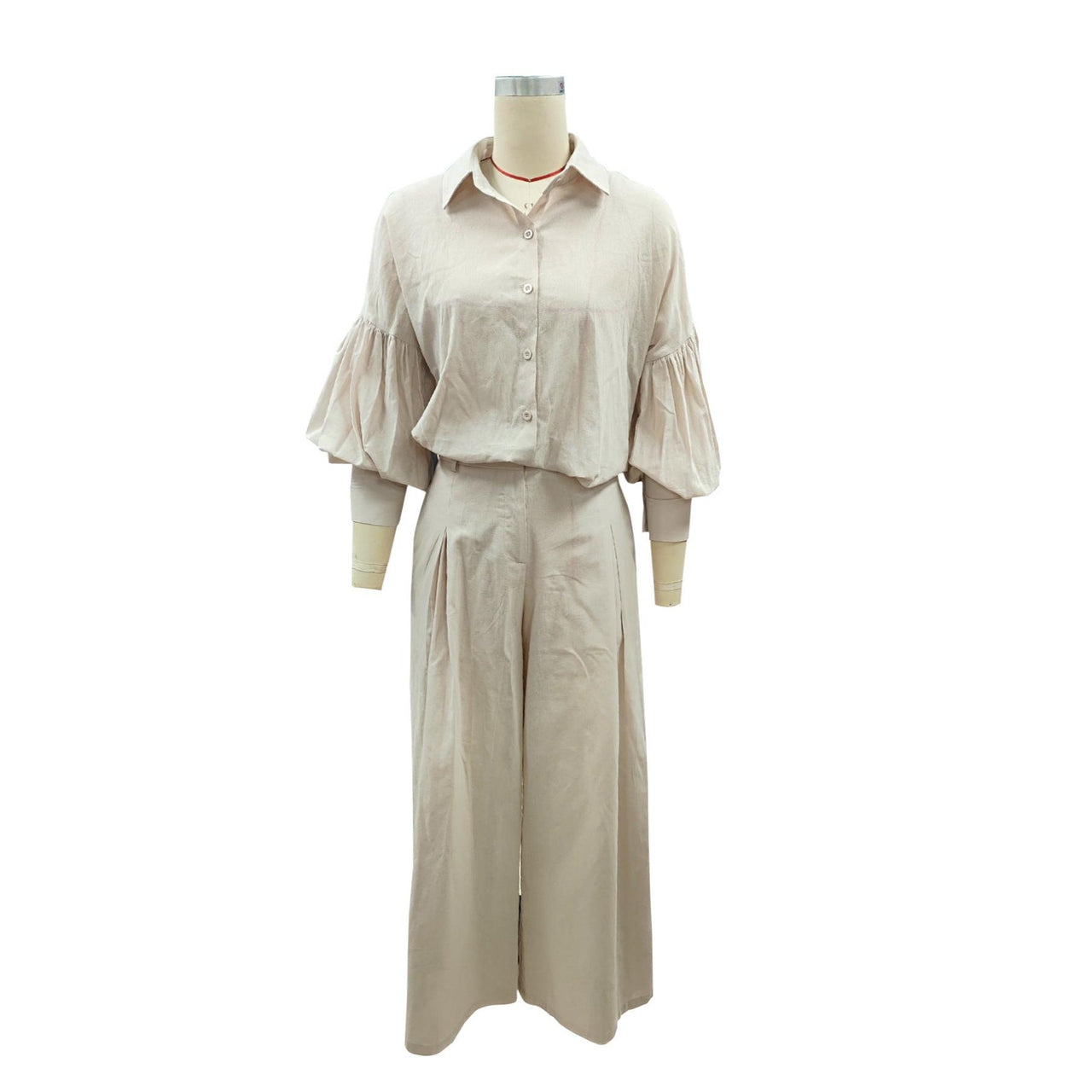 Autumn Solid Color Long Sleeved Shirt Wide Leg Pants Cotton Linen Two Piece Sets - Modestly Vogue 