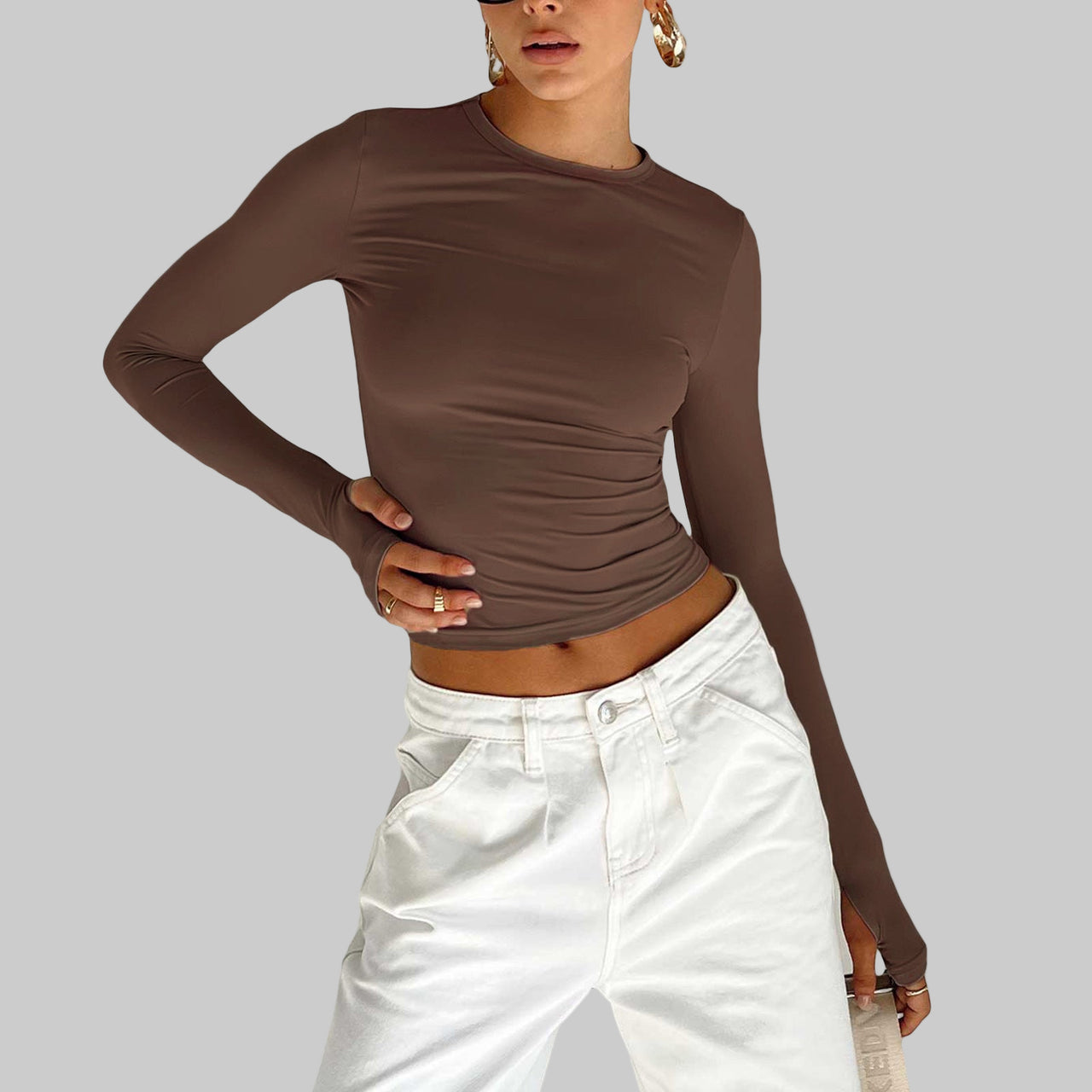 New Women's Solid Color Base Round Neck Long Sleeve Top Women