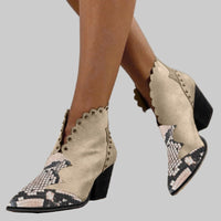 Rivet Color-Block Snake Print Ankle Boots | Block Heel Style - Modestly Vogue 