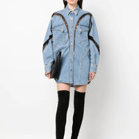 Blue Three Dimensional Split Shirt Spring Summer Lace Stitching Large Profile Shirt Denim Jacket Coat Women - Modestly Vogue 