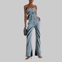 Blue Denim Patchwork Tube Top Three Jeans Two Piece Set - Modestly Vogue 