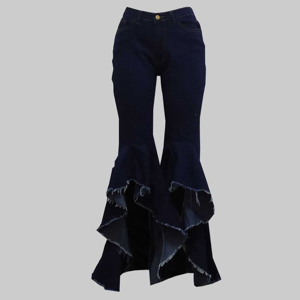 Ripped Washed Denim Stretch Slim Bell Bottom Jeans - Modestly Vogue 