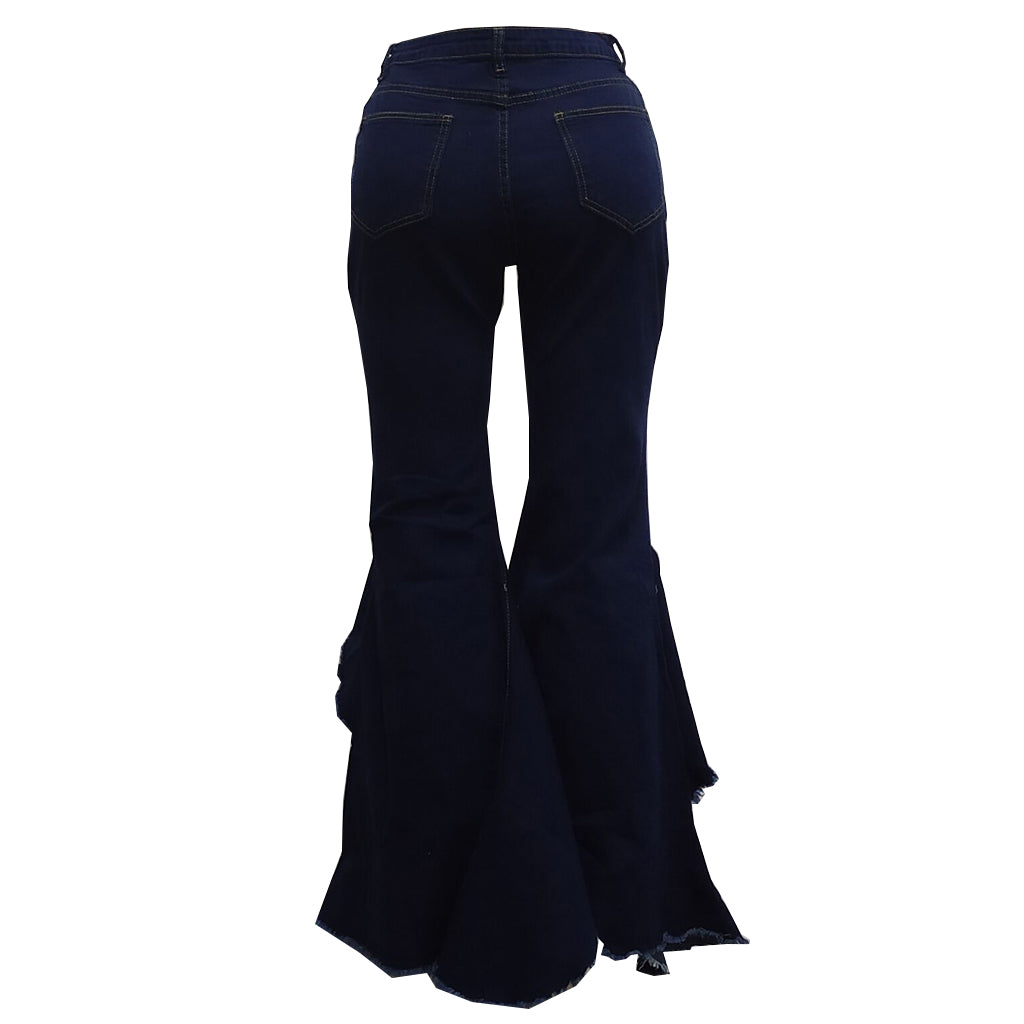 Ripped Washed Denim Stretch Slim Bell Bottom Jeans - Modestly Vogue 