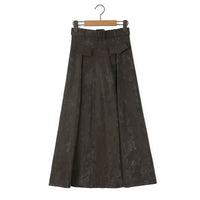 Brown A Line Long Faux Leather Belted High Waisted Skirt - Modestly Vogue 