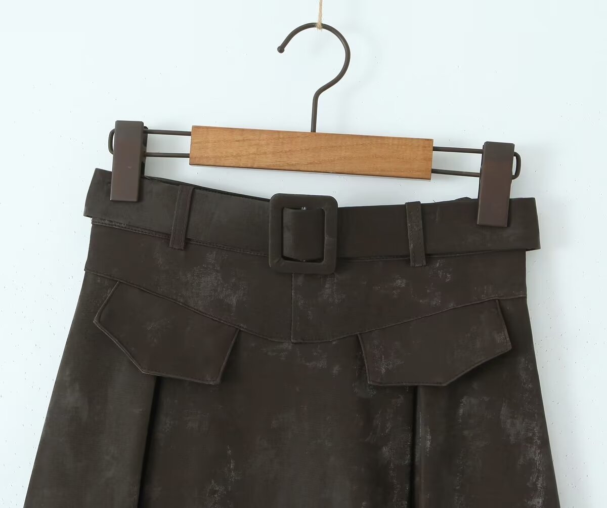 Brown A Line Long Faux Leather Belted High Waisted Skirt - Modestly Vogue 