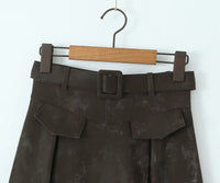 Brown A Line Long Faux Leather Belted High Waisted Skirt - Modestly Vogue 