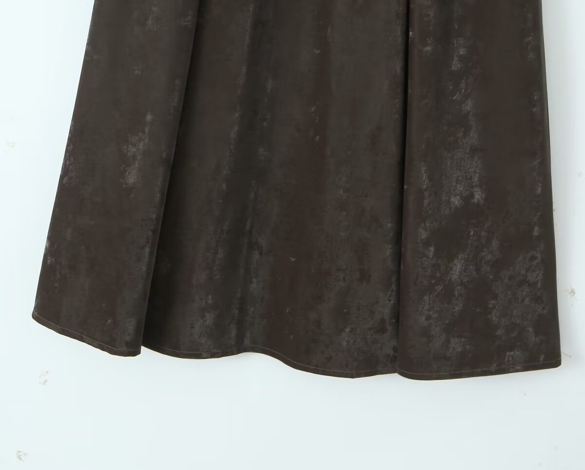 Brown A Line Long Faux Leather Belted High Waisted Skirt - Modestly Vogue 