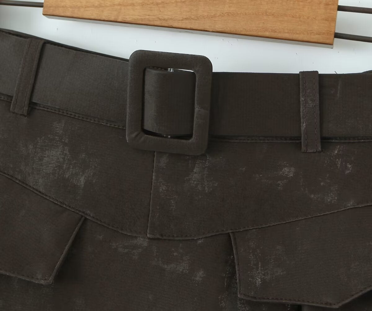 Brown A Line Long Faux Leather Belted High Waisted Skirt - Modestly Vogue 