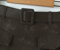 Brown A Line Long Faux Leather Belted High Waisted Skirt - Modestly Vogue 