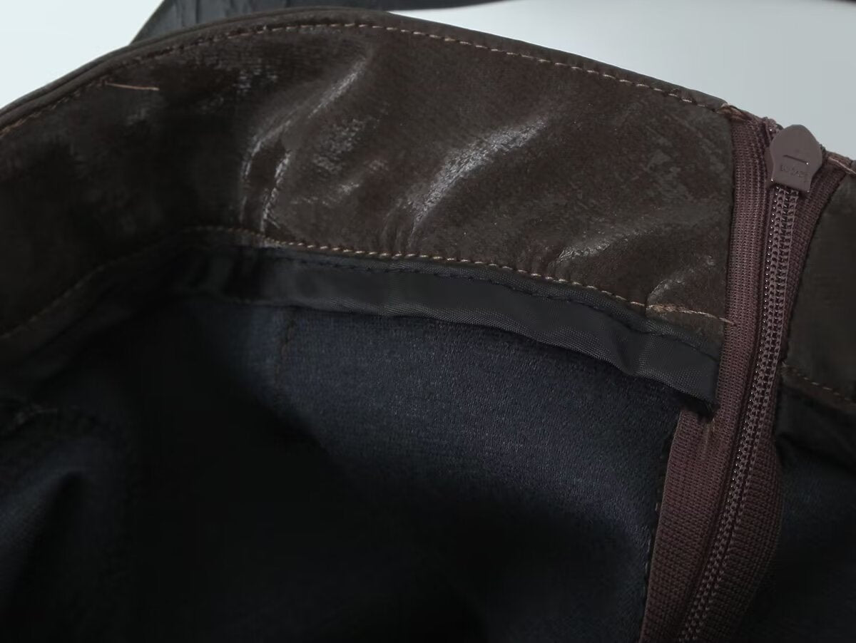 Brown A Line Long Faux Leather Belted High Waisted Skirt - Modestly Vogue 