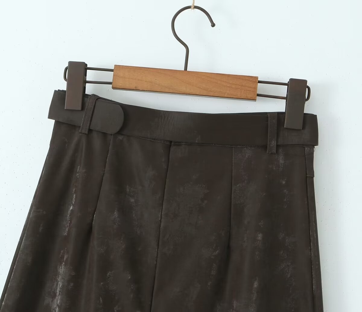 Brown A Line Long Faux Leather Belted High Waisted Skirt - Modestly Vogue 