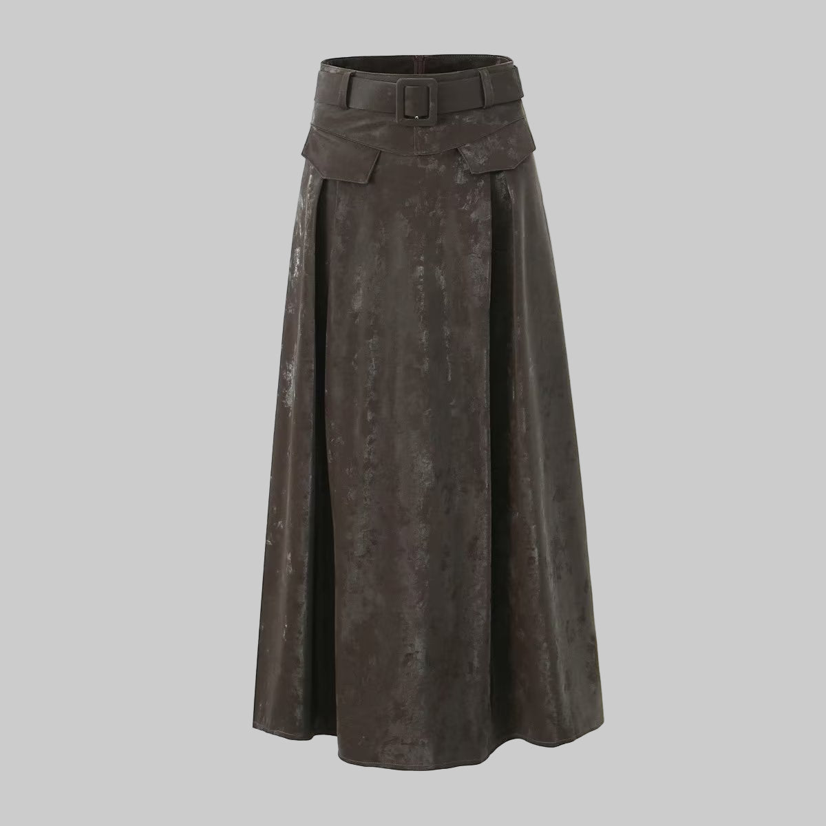 Brown A Line Long Faux Leather Belted High Waisted Skirt - Modestly Vogue 