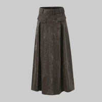 Brown A Line Long Faux Leather Belted High Waisted Skirt - Modestly Vogue 