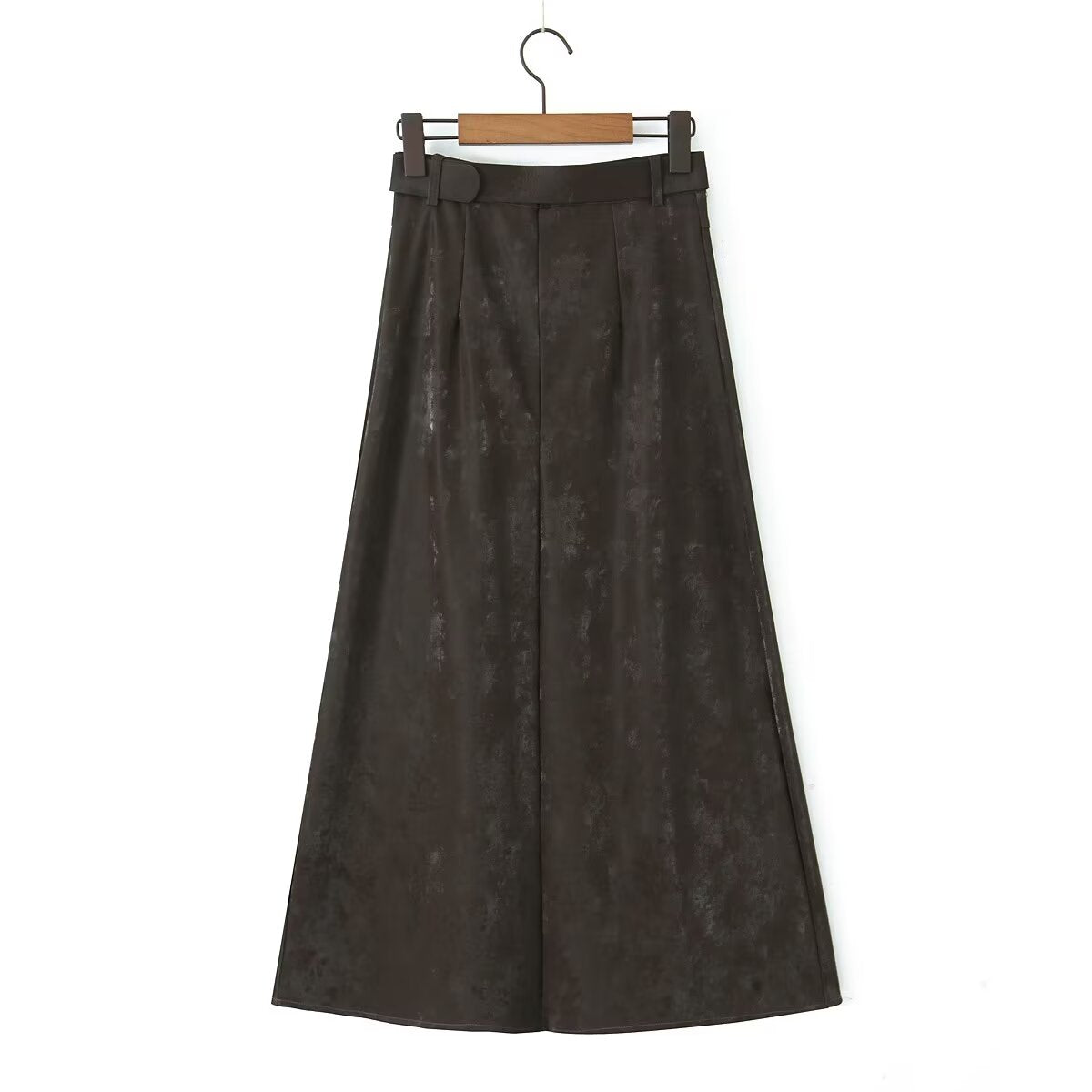 Brown A Line Long Faux Leather Belted High Waisted Skirt - Modestly Vogue 