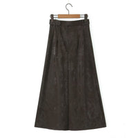 Brown A Line Long Faux Leather Belted High Waisted Skirt - Modestly Vogue 