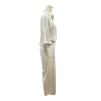Autumn Solid Color Long Sleeved Shirt Wide Leg Pants Cotton Linen Two Piece Sets - Modestly Vogue 